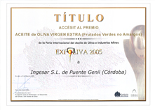Accessit dans la catégorie ‘Fruité Vert non Amer’ à Expoliva 2005