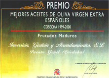 Certificate Best Olive oil from Spain 1999-2000